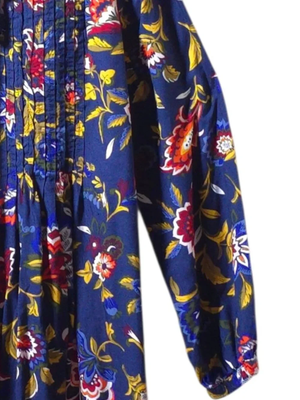 Old Navy Floral Boho Peasant Dress L Tall Blue Red Long Sleeve Pintuck Tie Neck